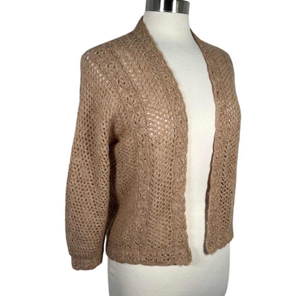 Mon Repos Hand Made Knit Wool Crochet Cardigan M Tan Open Front Boho Sweater